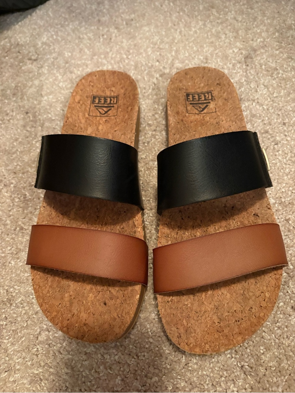 Reef Dual-Strap Cork Slide Sandals in Black & Brown